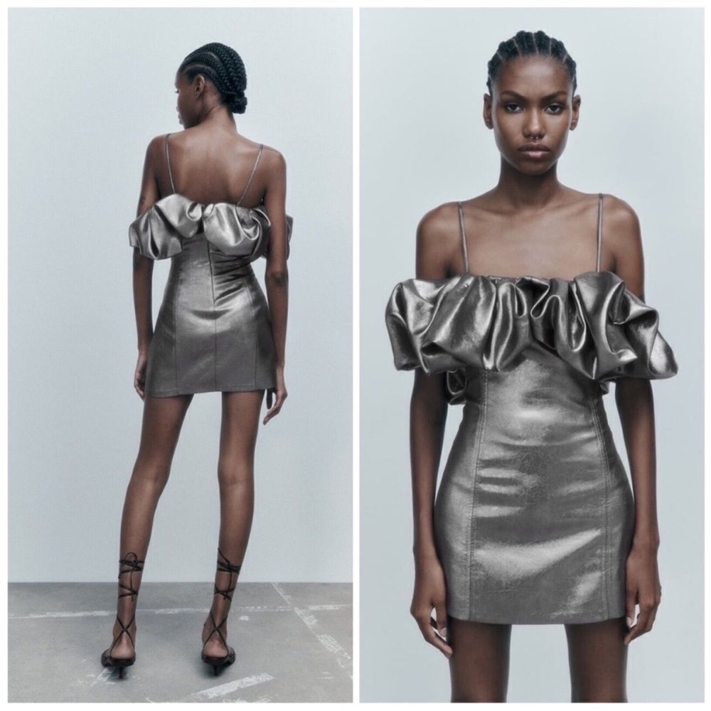 NWT ZARA METALLIC SILVER VOLUMINOUS BODYCON DRESS SIZE S